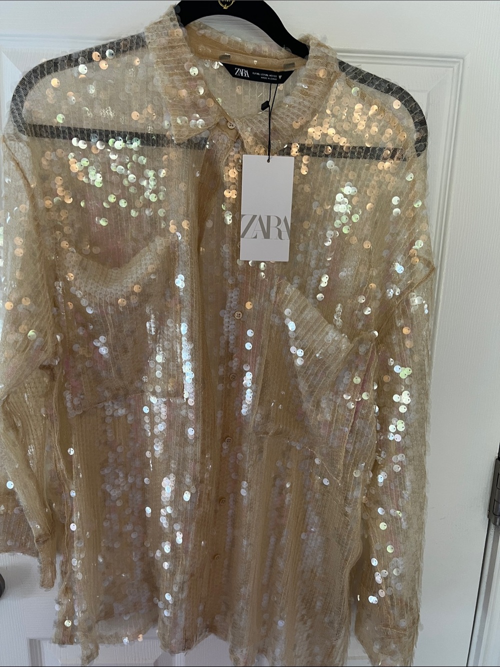 ZARA Cream Sequin Button-Down Shirt